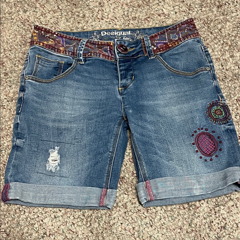 Desigual Blue Jean Shorts with Embroidered Accents